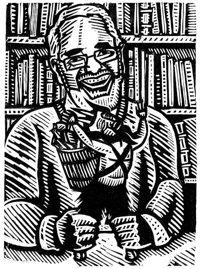 Woodblock print by Alec Dempster - portrait of Enrique Fuentes - Antique Bookseller in Mexico City